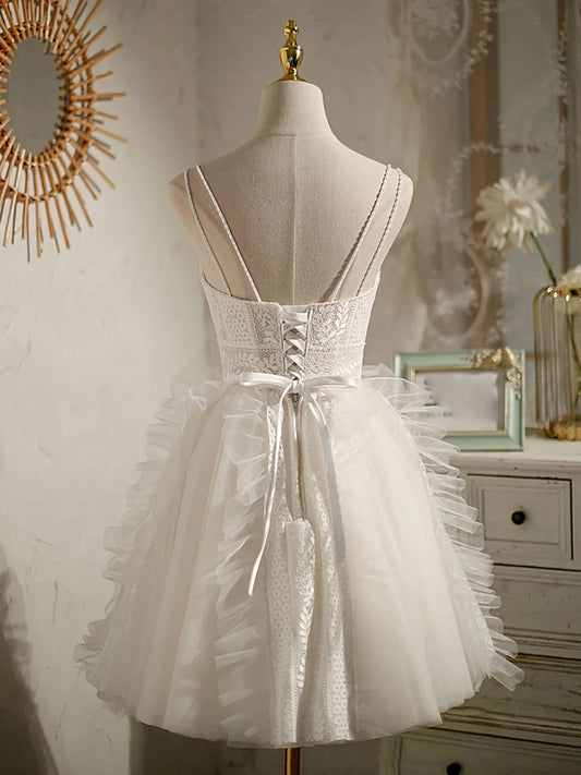Ivory V Neck Tulle lace Short Prom Dress lace Homecoming Dress