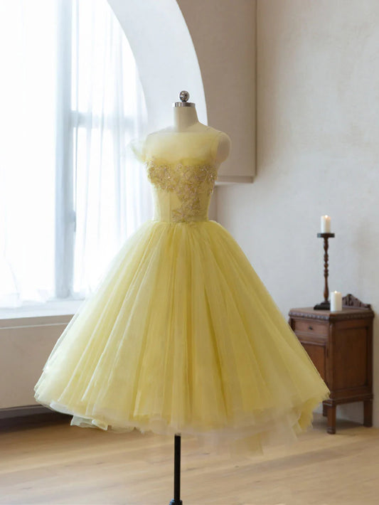 Off-the-Shoulder A-line Yellow Tulle Beads Tea-Length Prom Dress