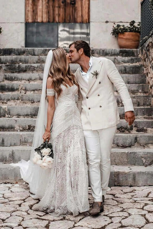 Ivory Crochet‑Lace Mermaid Sweetheart Off‑The‑Shoulder Zipper Low‑Back Sweep‑Train Wedding Dress For Beach