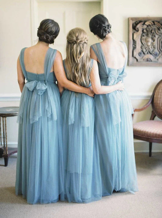 Off-the-Shoulder Floor Length Simple Tulle Long Bridesmaid Dresses
