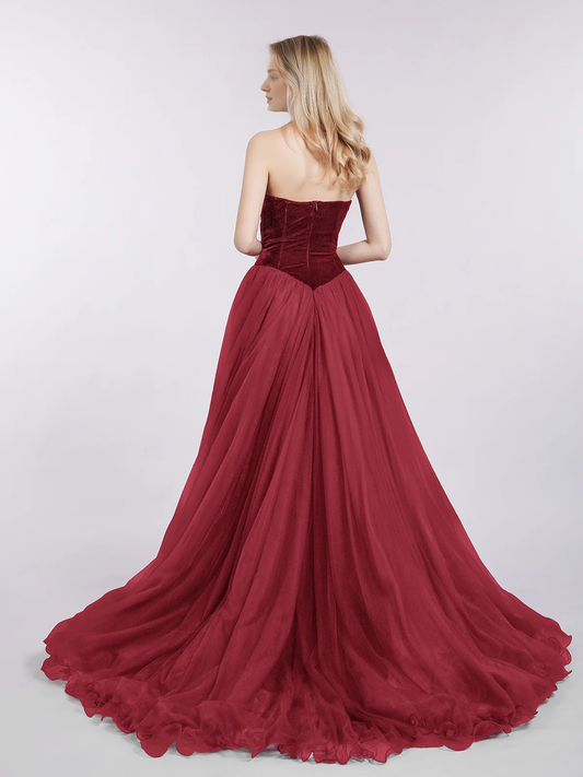 Off-the-Shoulder Floor Length Sweetheart Neck Tulle Evening Dress with Train-Burgundy