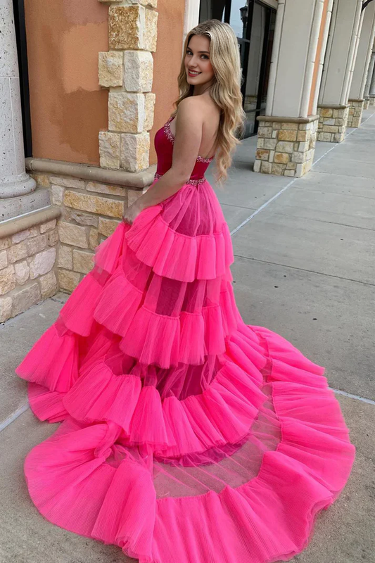 Off-the-Shoulder Fuchsia Strapless Beaded Mermaid Long Prom Dresses With Tulle Train