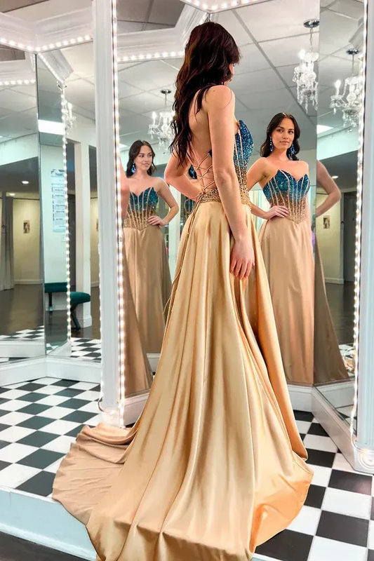 Off-the-Shoulder Lace Up Sleeveless A-Line Strapless Slit Long Prom Dresses with Beadings