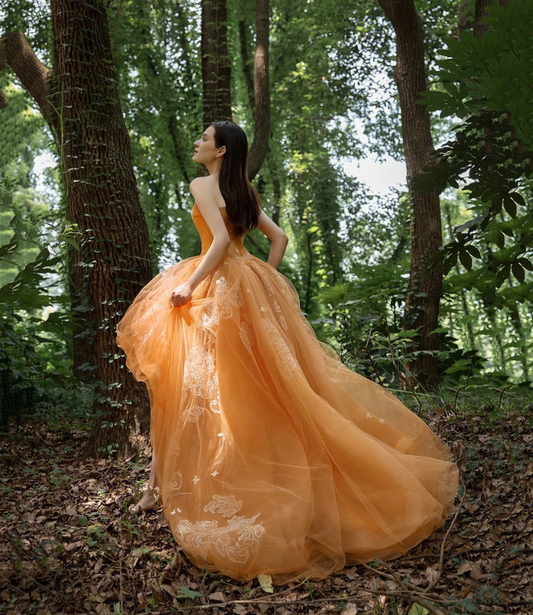 Off-the-Shoulder Orange Tulle Lace High Low Prom Dress Evening Dress