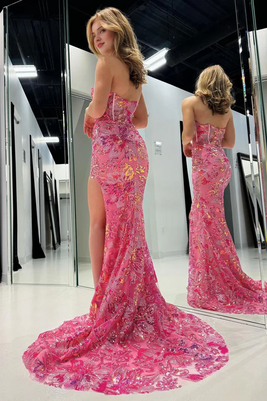 Off-the-Shoulder Pink Strapless Sequin Sleeveless Mermaid Long Prom Dresses With Hight Slit