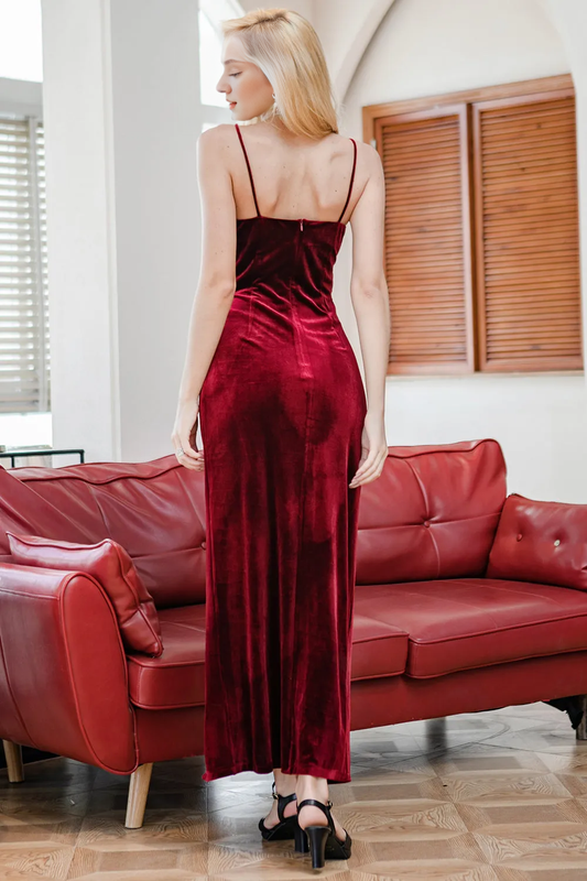 Off-the-Shoulder Red Velvet Backless Sleeveless Evening Prom Dress