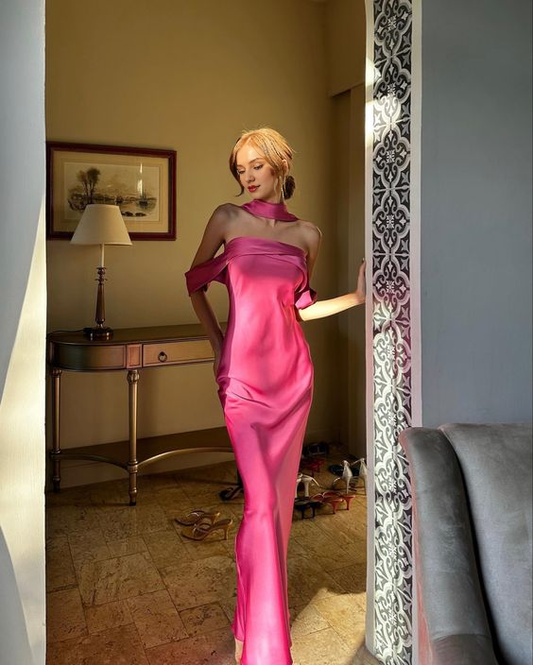 Off-the-Shoulder Sexy Mermaid Halter Hot Pink Silk Satin Prom Dresses