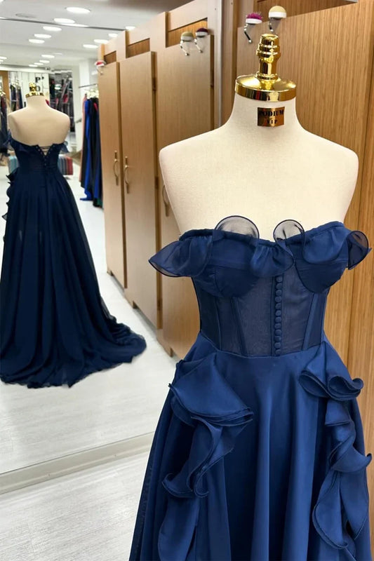 Off-the-Shoulder Sleeveless Floor Length Navy Blue Corset Ruffle Prom Dress