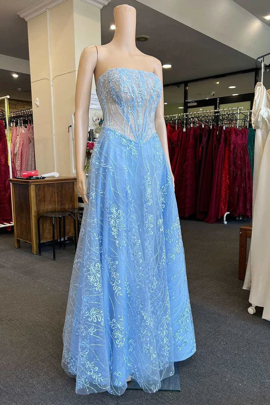 Off-the-Shoulder Sleeveless Tulle Lace Strapless A-Line Long Prom Dress