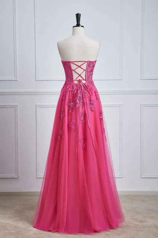 Off-the-Shoulder Strapless A-line Applique Floral Formal Prom Dress With Slit