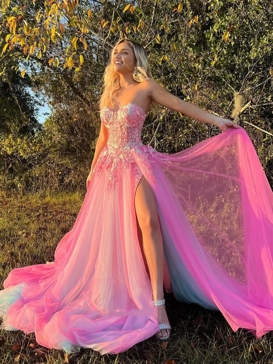 Off-the-Shoulder Sweetheart A-Line Tulle Appliques Prom Dress With Hight Slit