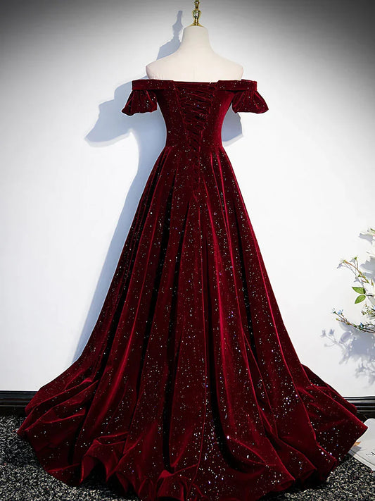 Formal Women's Dresses Burgundy Shiny Velvet A-Line Off Shoulder Long Prom Dress Formal Party Dress Prom Dresses Stores