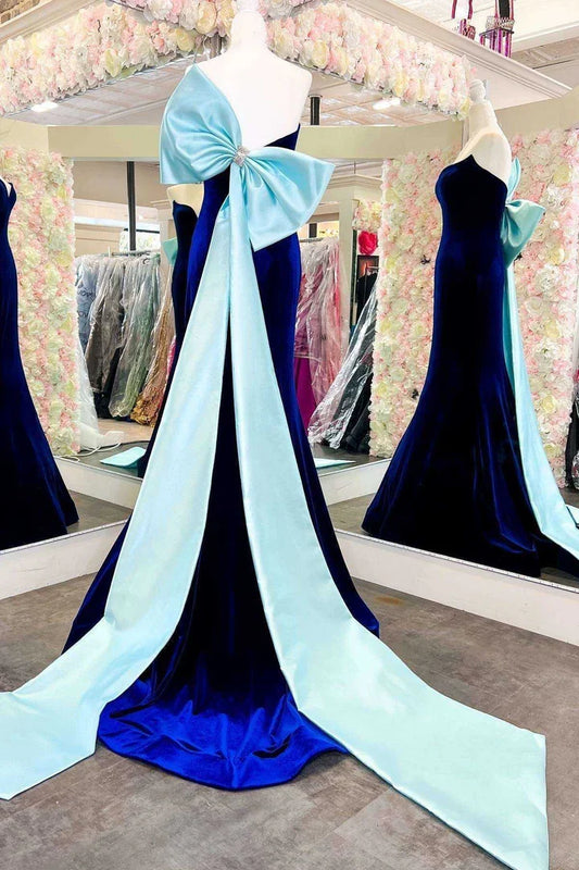Off Shoulder Royal Blue Velvet Strapless Bow-Back Mermaid Long Prom Dress
