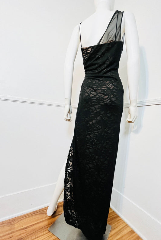 One-Shoulder Spaghetti Straps Simple Black Lace Pleated Long Dress Mermaid Prom Dress Women Formal Dress