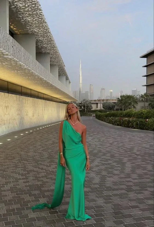 Formal Women's Dresses Green One Shoulder Long Prom Dress Party Dress with Slit Prom Clothing