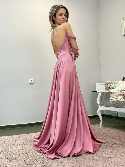 Formal Women's Dresses Simple A Line Satin Long Pink Prom Dress Pink Evening Dress Prom Dresses Stores
