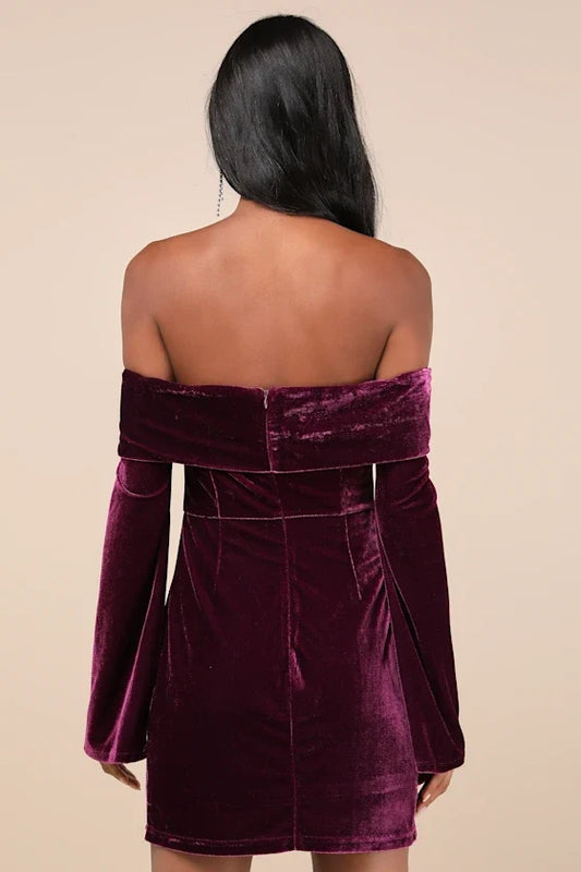 Formal Women's Dresses Alluring Glam Plum Velvet Off-the-Shoulder Long Sleeves Mini Dress In Prom Dress Shops