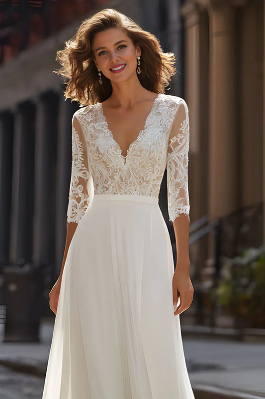 Pretty A-Line V-Neck Half Sleeves Chiffon Sweep Train Wedding Dress