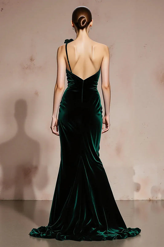 Pretty Mermaid/Trumpet One Shoulder Sleeveless Velvet Sweep/Brush Train Prom Dress