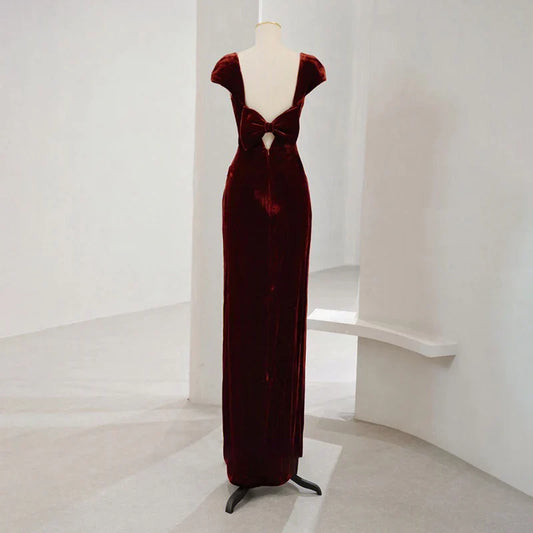 Formal Women's Dresses Red Cap Sleeves Velvet Long Prom Dress Formal Party Dress with Beads Prom Dress Stores