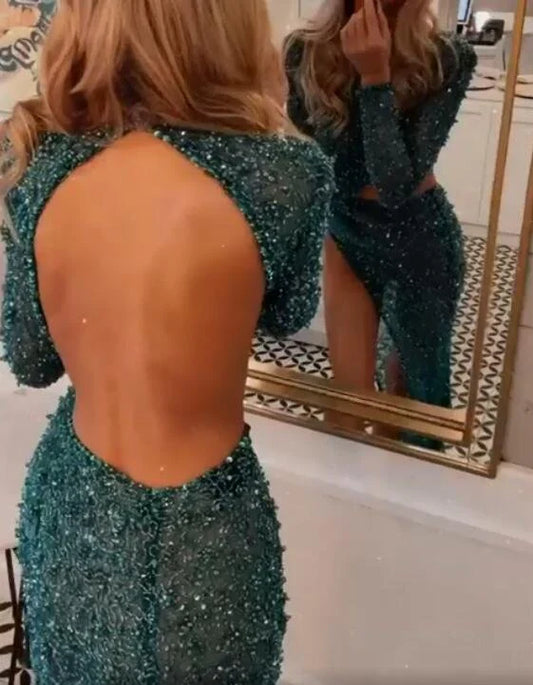 Formal Women's Dresses Glamorous High Neck Dark Green Long Sleeves Prom Dress Split With Sequins Prom Dresses Stores