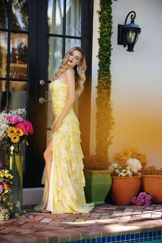 Prom Dress Stores White/ Yellow A-line Strapless Floral Print Prom Dress Floor Length With Slit And Tiered Train Dresses Evening Wear Formal Wear Dresses