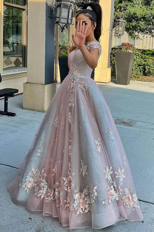 Off the Shoulder Applique Long Prom Dress