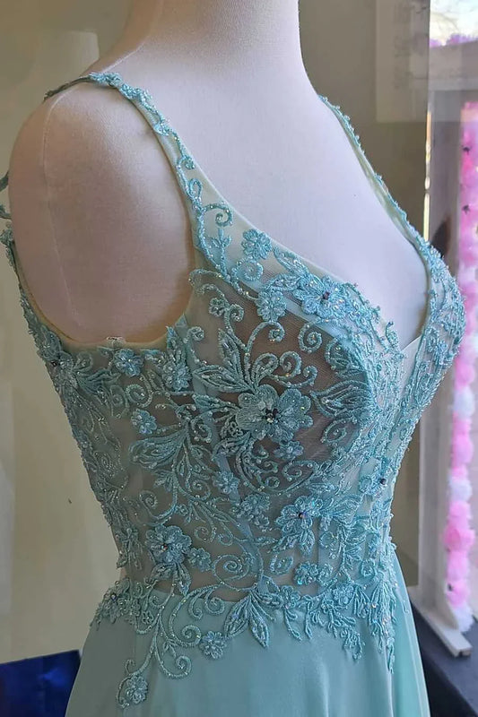 V Neck Embroidered Chiffon Long Prom Dress