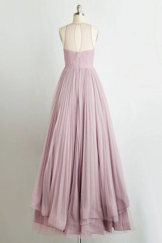 A Line Sleeveless Sheer Back Long Prom Dresses