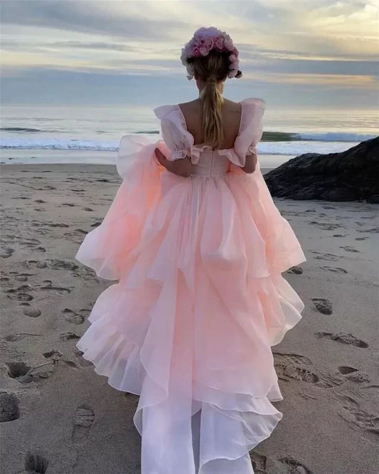 A-line Ruffle Multi Layer Tulle Square Round Neck Sexy High Low Long Prom Dresses With Slit