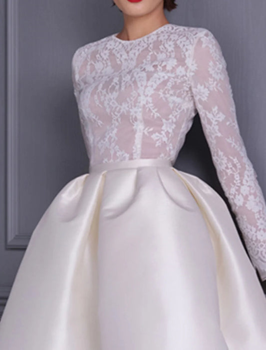 A-Line Cocktail Evening Dresses Elegant Dress Wedding Party Birthday Knee Length Long Sleeve Jewel Neck Fall Wedding Guest Satin