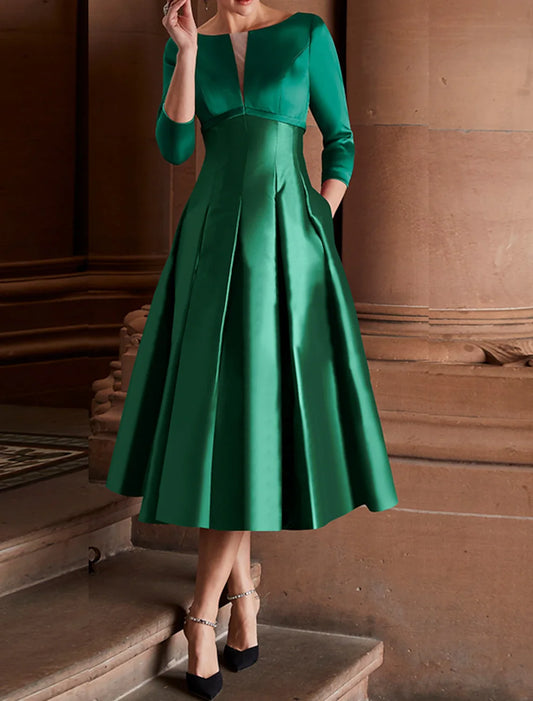 A-Line Cocktail Evening Dresses Minimalist Dress Party Dress Wedding Guest Tea Length 3/4 Length Sleeve Jewel Neck Fall Wedding Guest Satin