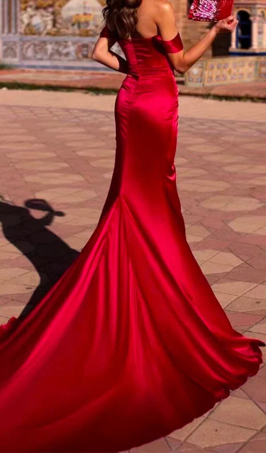 Off Shoulder Satin High Slit Floor Length Prom Dress