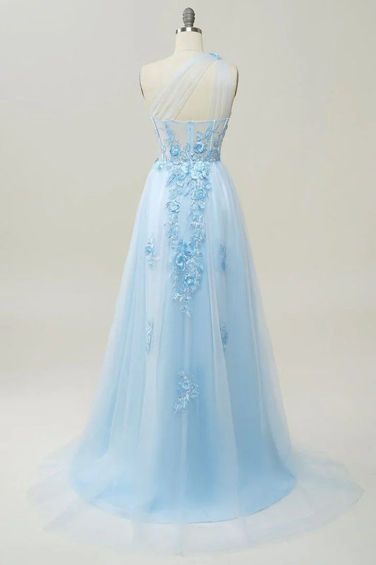 A-line One Shoulder Long Prom Dress with Appliques