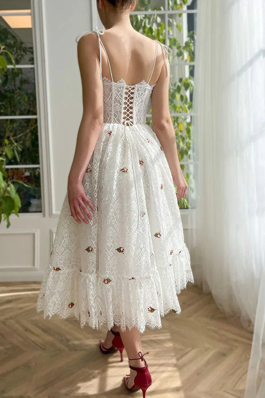 A-Line Tea Length Spaghetti Straps Appliqued Sheer Lace Prom Dress