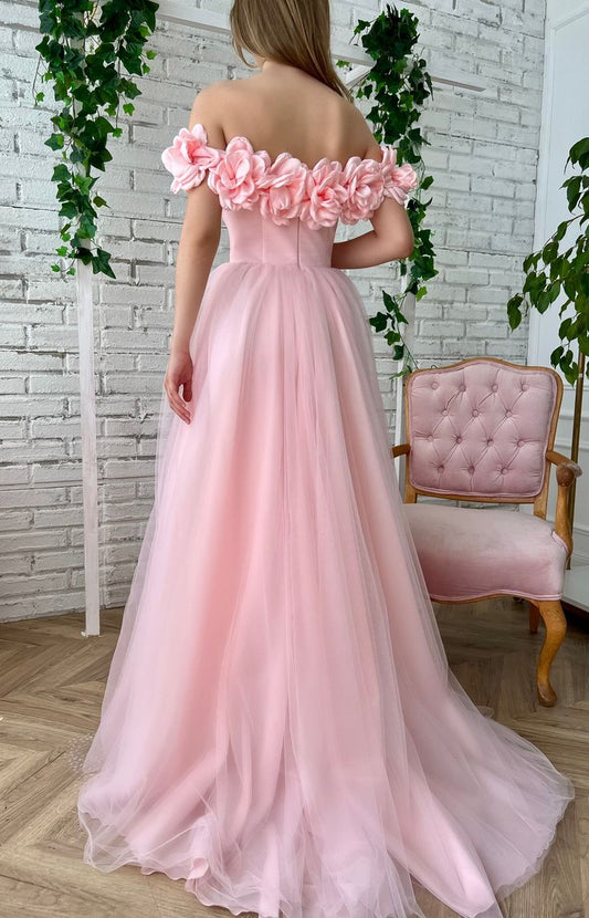 Floral Tulle Off The Shoulder Evening Prom Dress With Slit