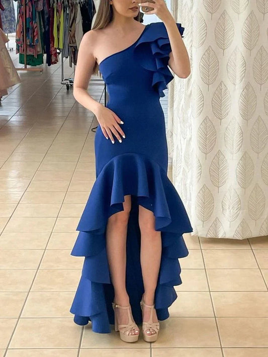 Satin One Shoulder Long Prom Cocktail Dress