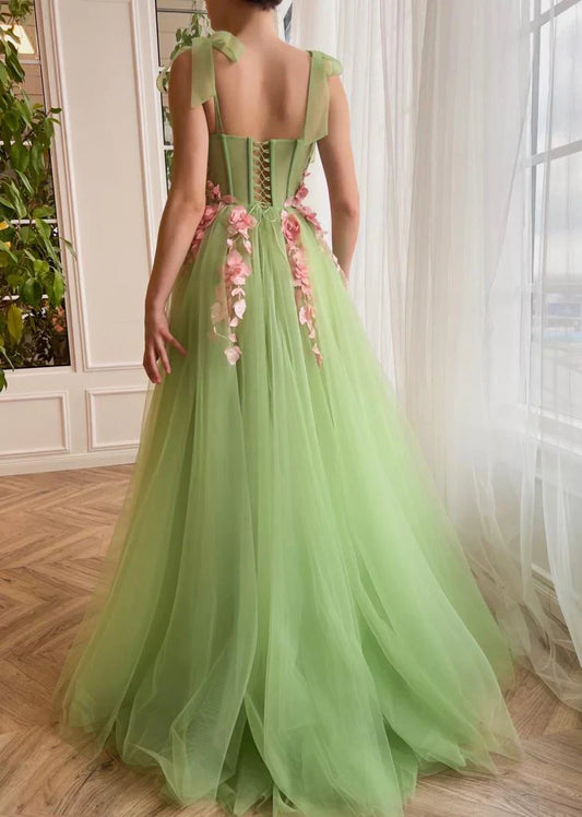 A-Line Sweetheart Appliqued Tulle Prom Gown With Slit