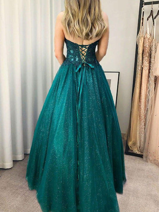 A-line Strapless Lace Long Prom Formal Dresses