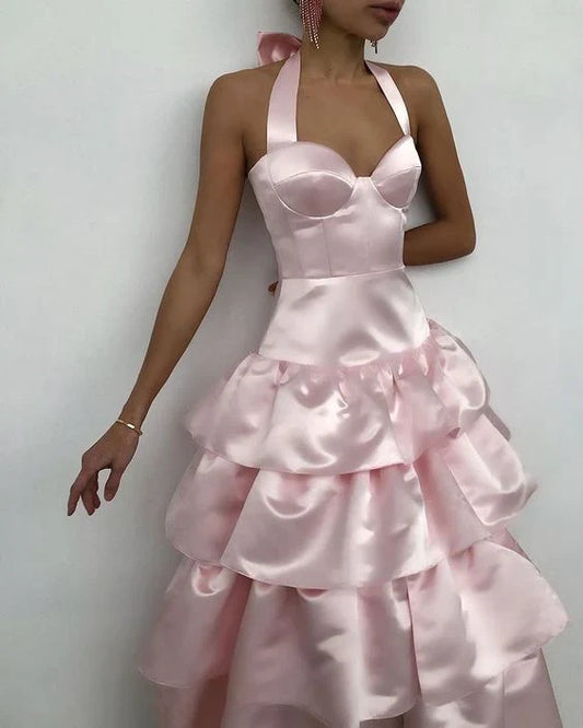 Elegant Halter Formal Sleeveless Satin Evening Prom Dress