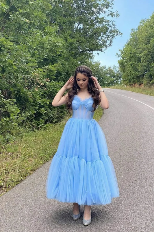 A Line Straps Tulle Prom Dress Sweetheart With Ruffle