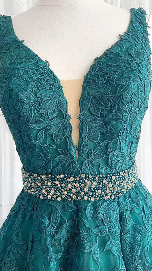 A-line Deep V Neck Lace Prom Dresses With Applique