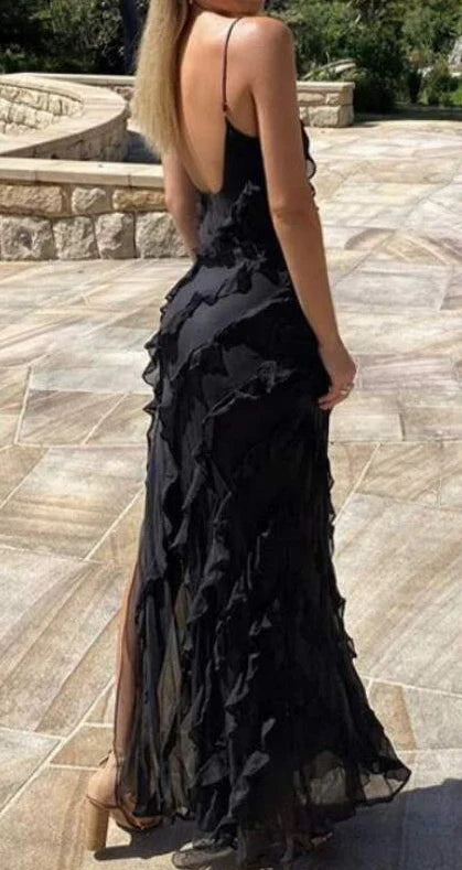 A-line Spaghetti Straps Long Prom Evening Gowns With Slit