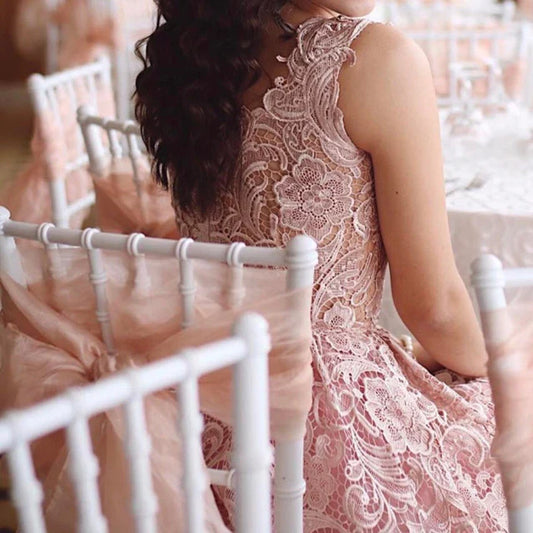 A-Line Lace Tea Length Sleeveless Prom Dress