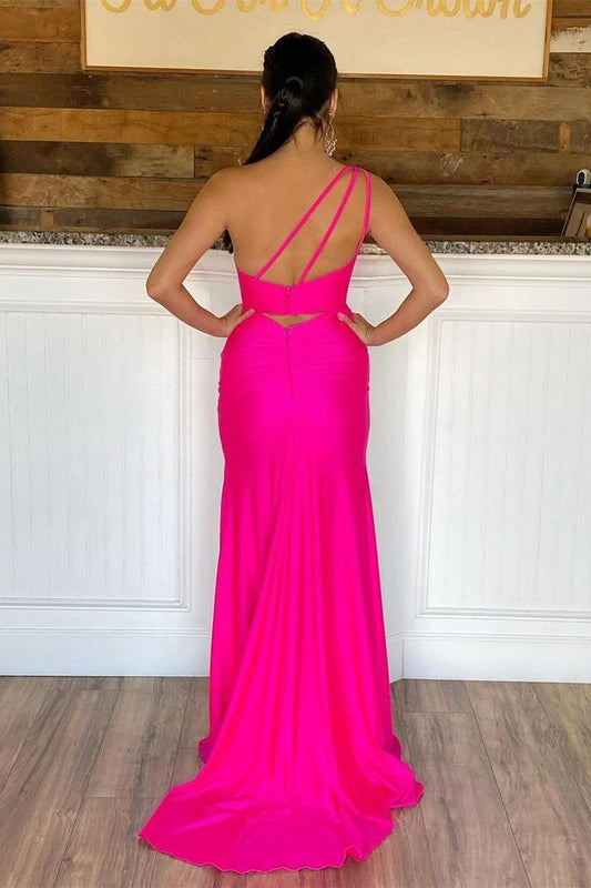One Shoulder Satin Prom Dress with Slit