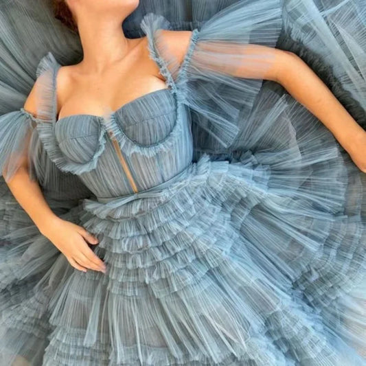 A-line Floor Length Tulle Ruffled Tiered Multi Layer Prom Dress