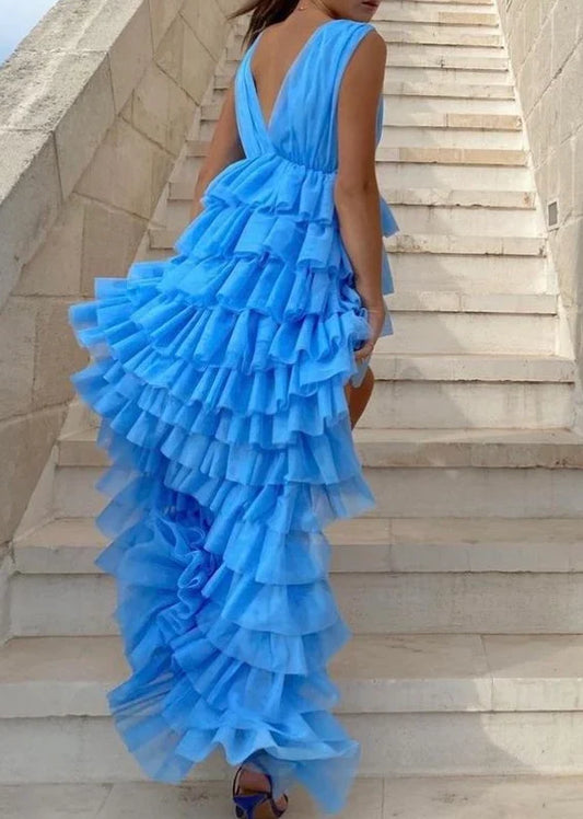 A-line Deep V Neck Sexy High Low Prom Dress