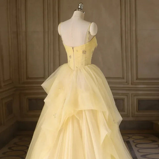 A-line Spaghetti Straps Tulle Long Party Prom Dress