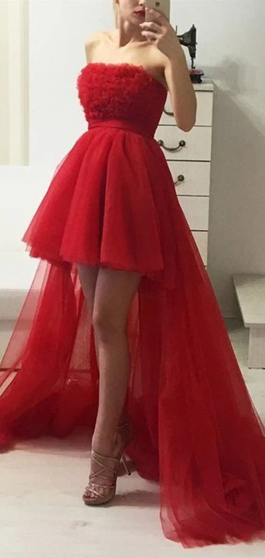A-line Off-the-Shoulder High Low Prom Dresses