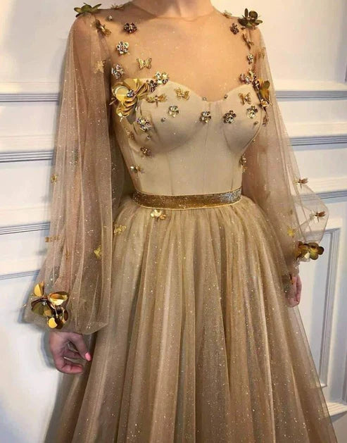 A-line Scoop Neck Long Sleeve Prom Dresses